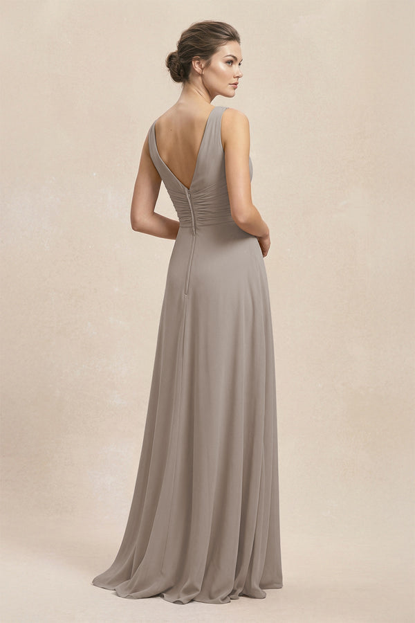 V-Neck Ruffled Ruched Chiffon A-Line Bridesmaid Dress in Frost (2) | KISSBRIDAL