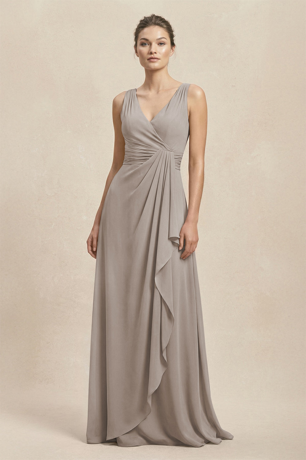 V-Neck Ruffled Ruched Chiffon A-Line Bridesmaid Dress in Frost
