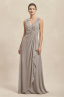 V-Neck Ruffled Ruched Chiffon A-Line Bridesmaid Dress in Frost | KISSBRIDAL