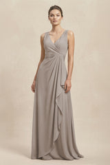 V-Neck Ruffled Ruched Chiffon A-Line Bridesmaid Dress in Frost | KISSBRIDAL