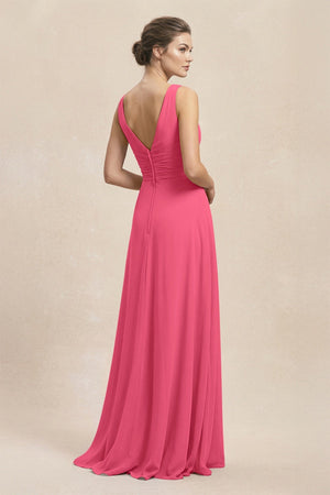 V - Neck Ruffled Ruched Chiffon A - Line Bridesmaid Dress in Fuchsia - SHE IS ME Bridesmaid Dresses