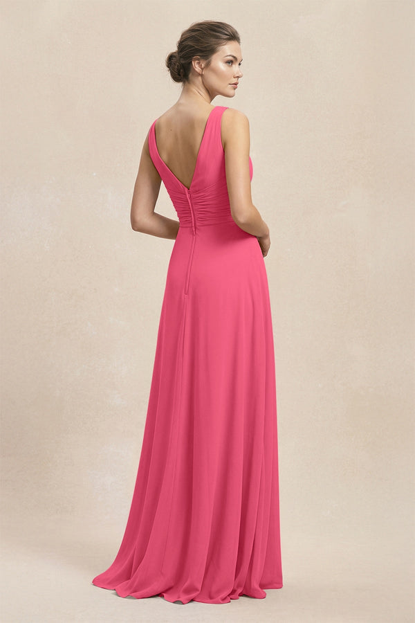 V - Neck Ruffled Ruched Chiffon A - Line Bridesmaid Dress in Fuchsia - SHE IS ME Bridesmaid Dresses