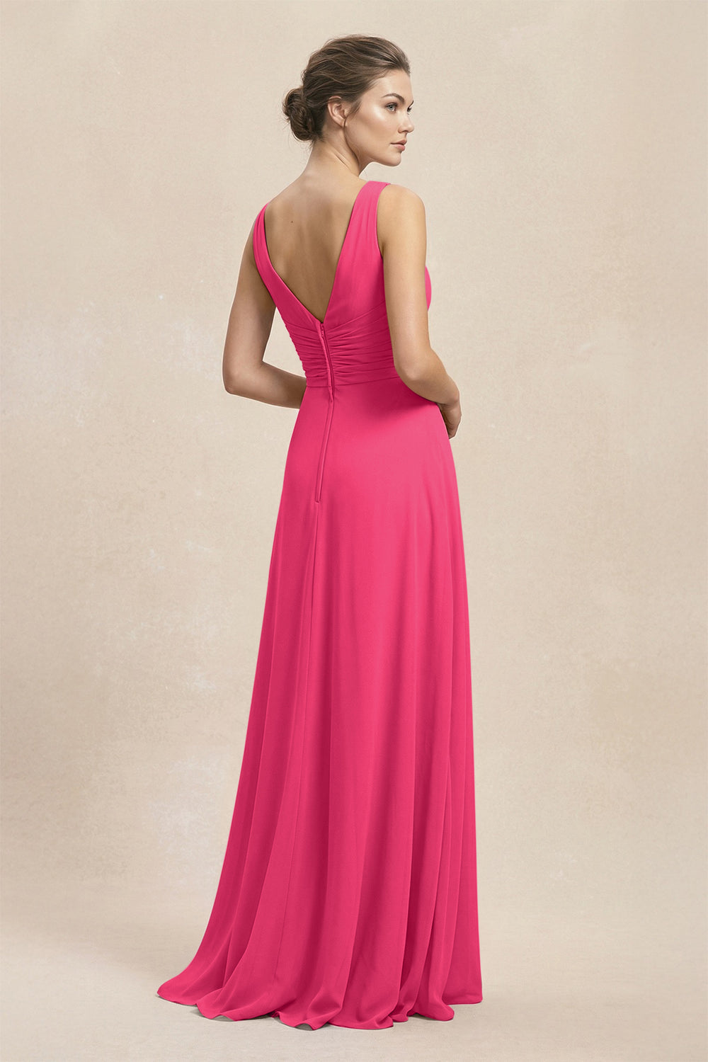 V-Neck Ruffled Ruched Chiffon A-Line Bridesmaid Dress in Fuchsia