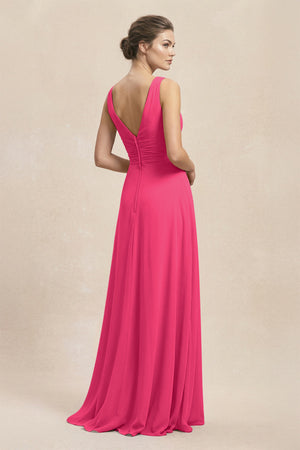 V-Neck Ruffled Ruched Chiffon A-Line Bridesmaid Dress in Fuchsia (2) | KISSBRIDAL