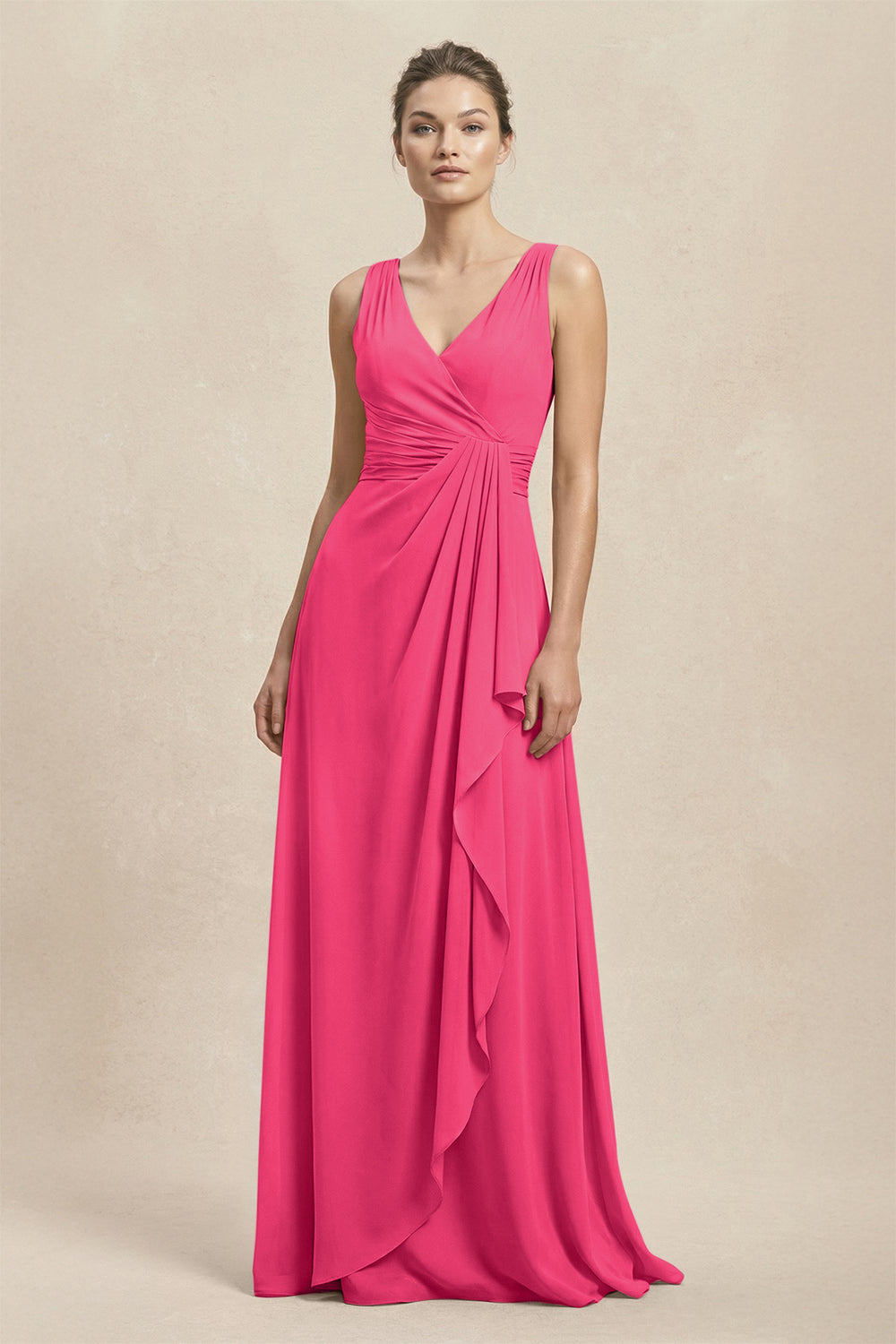 V-Neck Ruffled Ruched Chiffon A-Line Bridesmaid Dress in Fuchsia