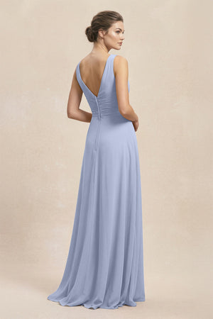 V-Neck Ruffled Ruched Chiffon A-Line Bridesmaid Dress in Ice (2) | KISSBRIDAL