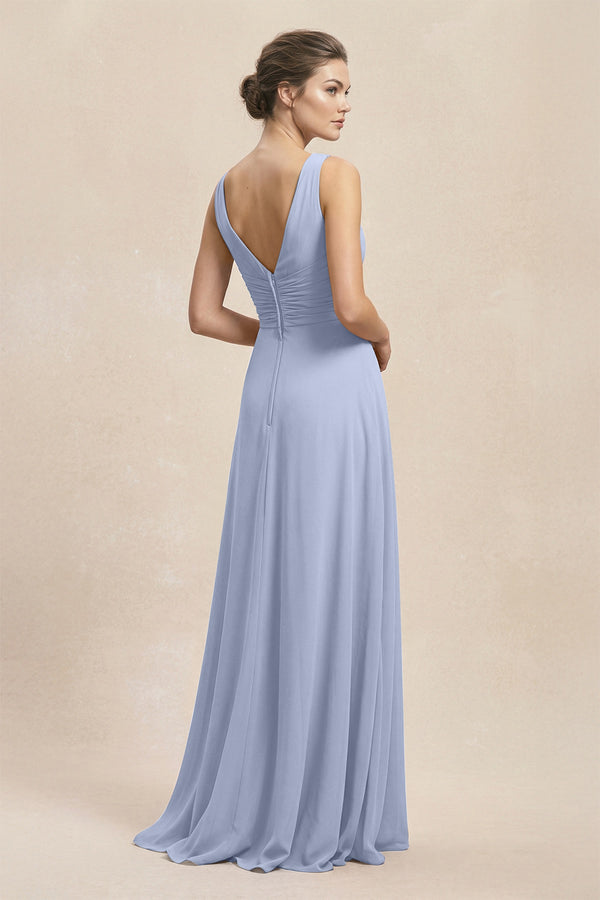 V-Neck Ruffled Ruched Chiffon A-Line Bridesmaid Dress in Ice (2) | KISSBRIDAL