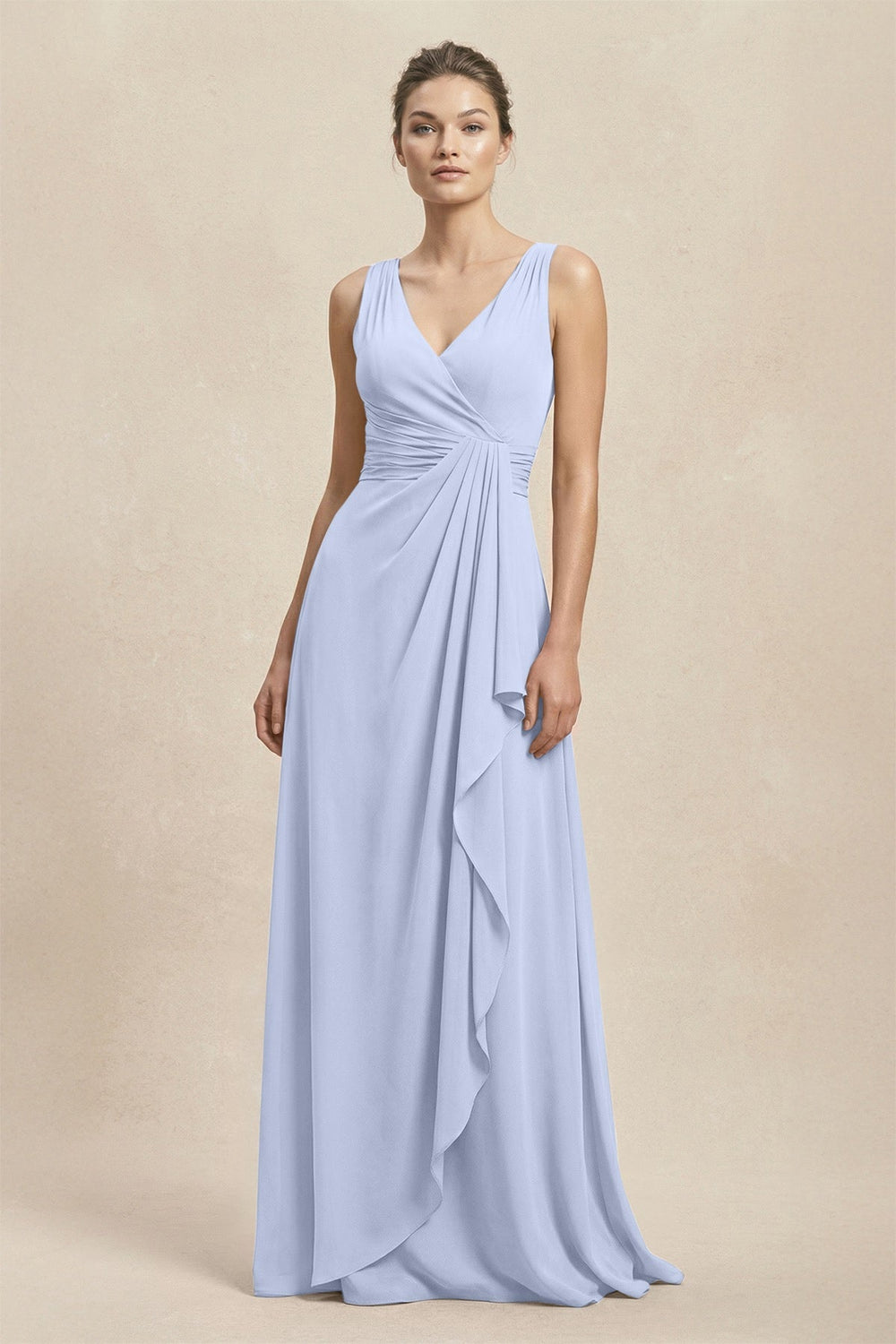 V - Neck Ruffled Ruched Chiffon A - Line Bridesmaid Dress in Ice - KISS BRIDAL Bridesmaid Dresses