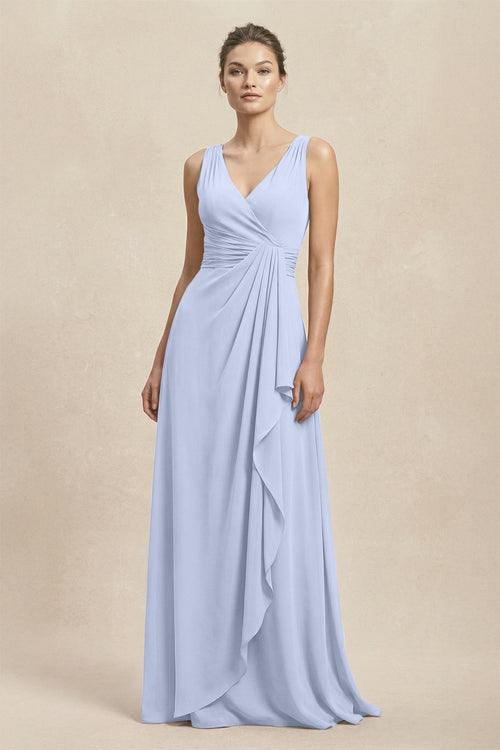 V - Neck Ruffled Ruched Chiffon A - Line Bridesmaid Dress in Ice - SHE IS ME Bridesmaid Dresses