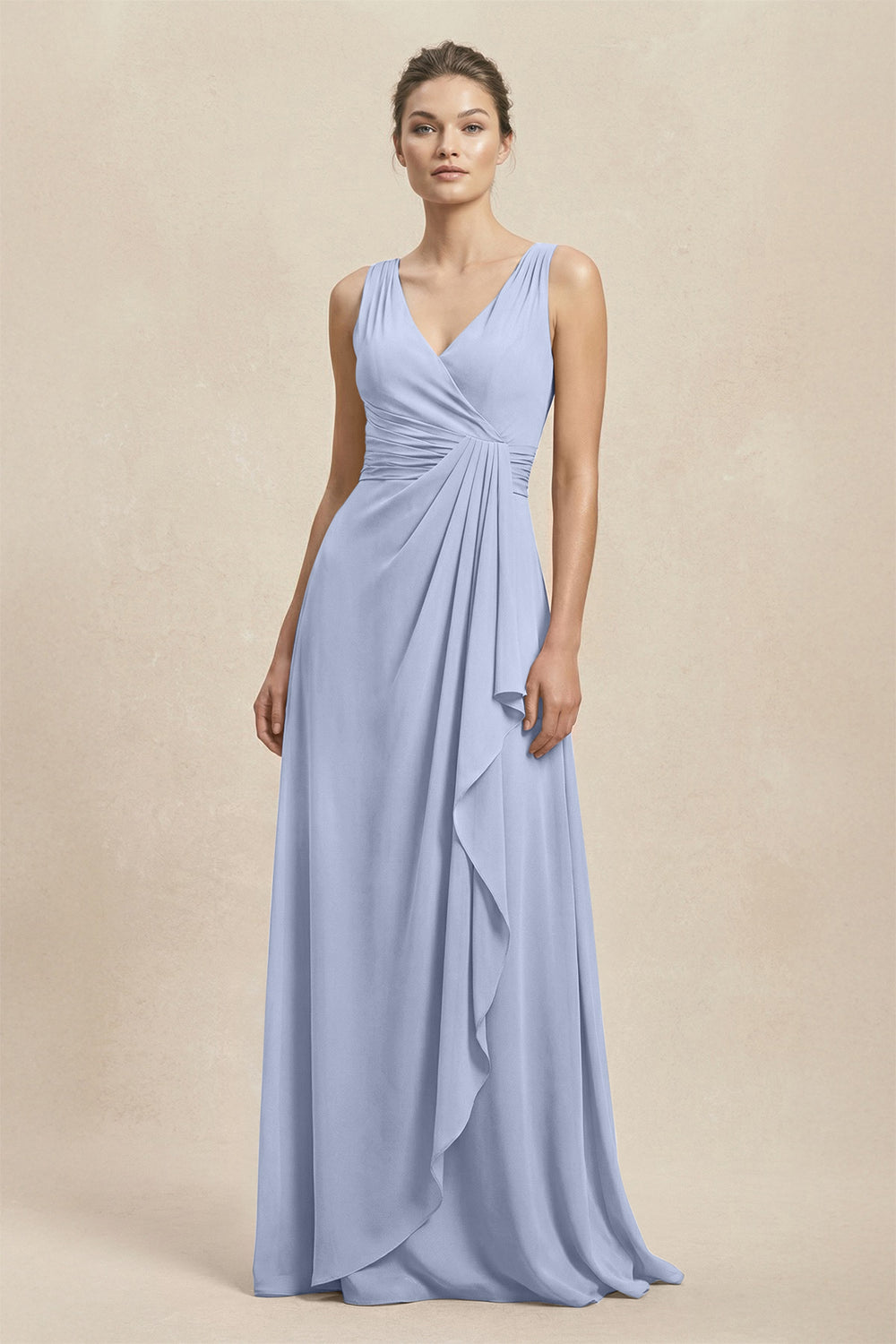 V-Neck Ruffled Ruched Chiffon A-Line Bridesmaid Dress in Ice