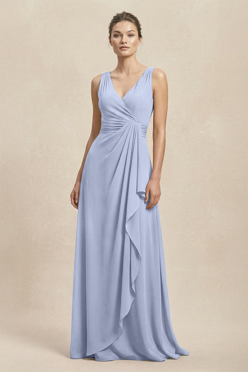 V-Neck Ruffled Ruched Chiffon A-Line Bridesmaid Dress in Ice | KISSBRIDAL