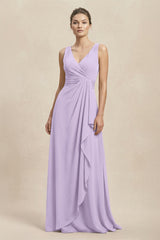 V - Neck Ruffled Ruched Chiffon A - Line Bridesmaid Dress in Lavender - KISS BRIDAL Bridesmaid Dresses