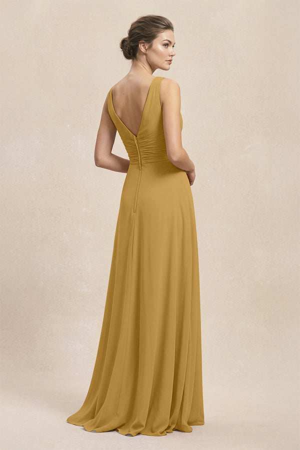 V-Neck Ruffled Ruched Chiffon A-Line Bridesmaid Dress in Marigold (2) | KISSBRIDAL