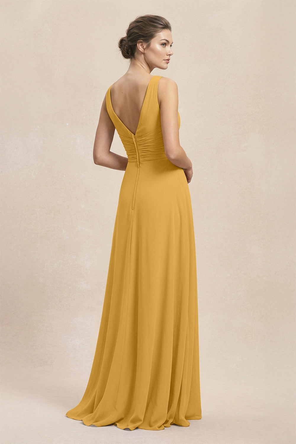 V - Neck Ruffled Ruched Chiffon A - Line Bridesmaid Dress in Marigold - KISS BRIDAL Bridesmaid Dresses