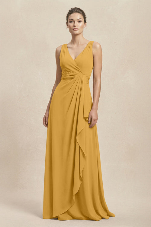 V - Neck Ruffled Ruched Chiffon A - Line Bridesmaid Dress in Marigold - SHE IS ME Bridesmaid Dresses