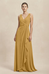 V-Neck Ruffled Ruched Chiffon A-Line Bridesmaid Dress in Marigold | KISSBRIDAL