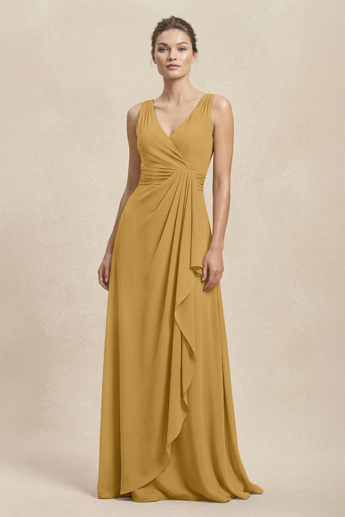 V-Neck Ruffled Ruched Chiffon A-Line Bridesmaid Dress in Marigold | KISSBRIDAL