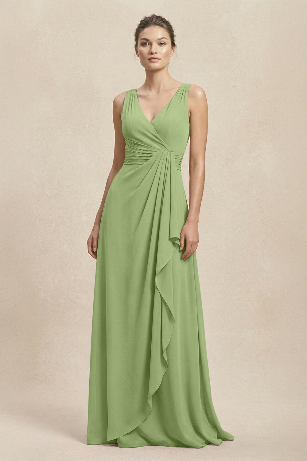V - Neck Ruffled Ruched Chiffon A - Line Bridesmaid Dress in Matcha - KISS BRIDAL Bridesmaid Dresses