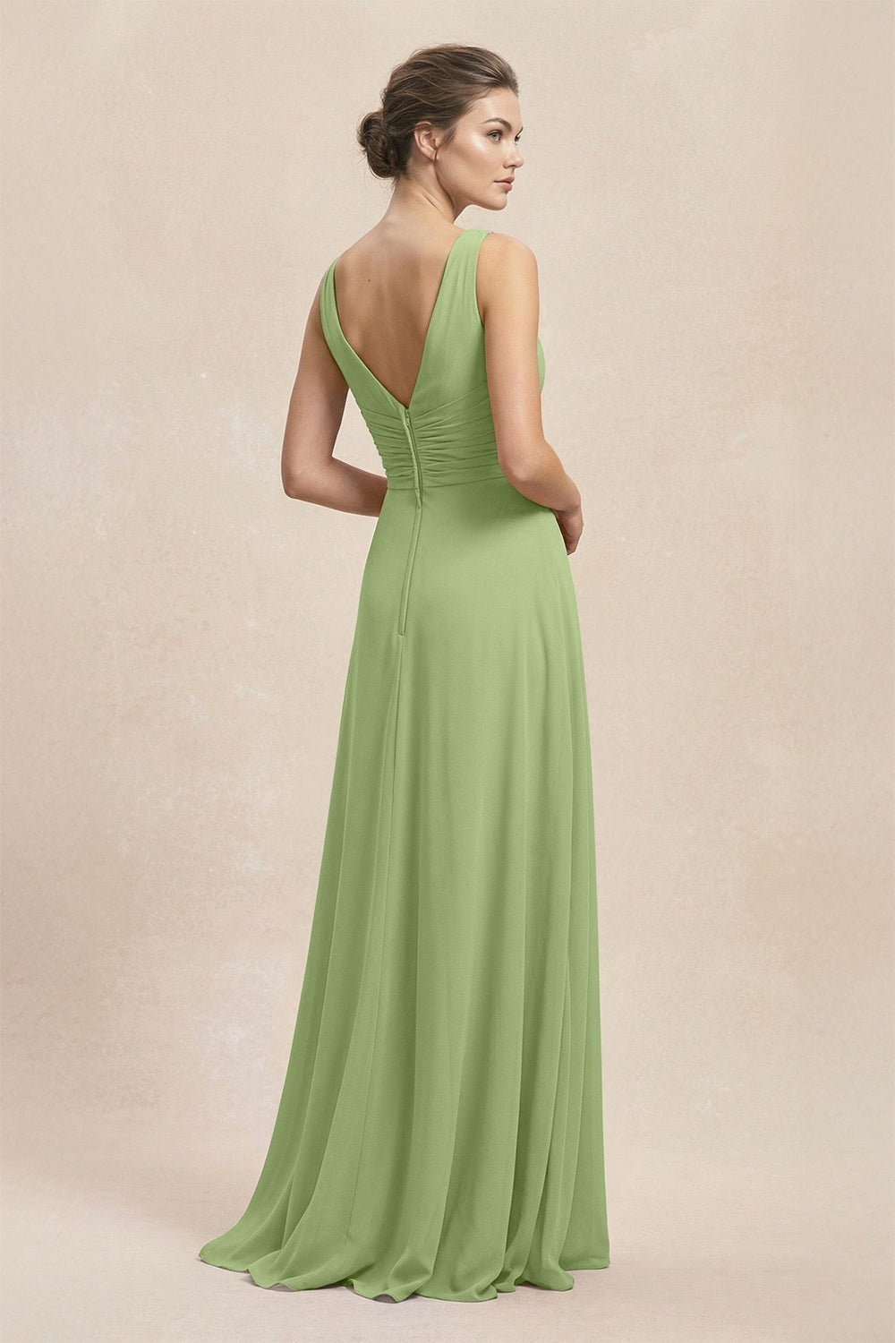 V - Neck Ruffled Ruched Chiffon A - Line Bridesmaid Dress in Matcha - KISS BRIDAL Bridesmaid Dresses