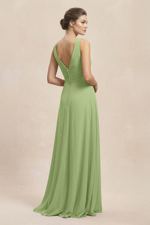 V - Neck Ruffled Ruched Chiffon A - Line Bridesmaid Dress in Matcha - SHE IS ME Bridesmaid Dresses