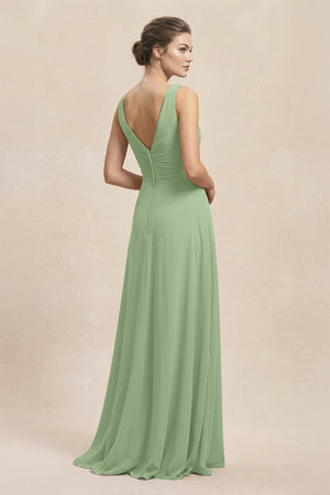 V-Neck Ruffled Ruched Chiffon A-Line Bridesmaid Dress in Matcha (2) | KISSBRIDAL