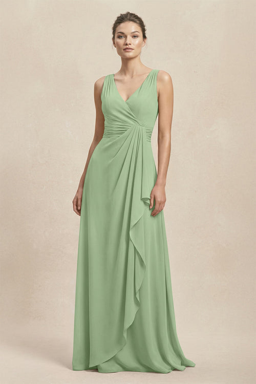 V-Neck Ruffled Ruched Chiffon A-Line Bridesmaid Dress in Matcha | KISSBRIDAL