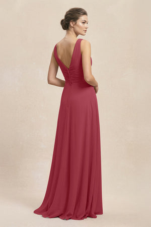V-Neck Ruffled Ruched Chiffon A-Line Bridesmaid Dress in Merlot (2) | KISSBRIDAL
