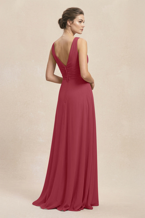 V-Neck Ruffled Ruched Chiffon A-Line Bridesmaid Dress in Merlot (2) | KISSBRIDAL