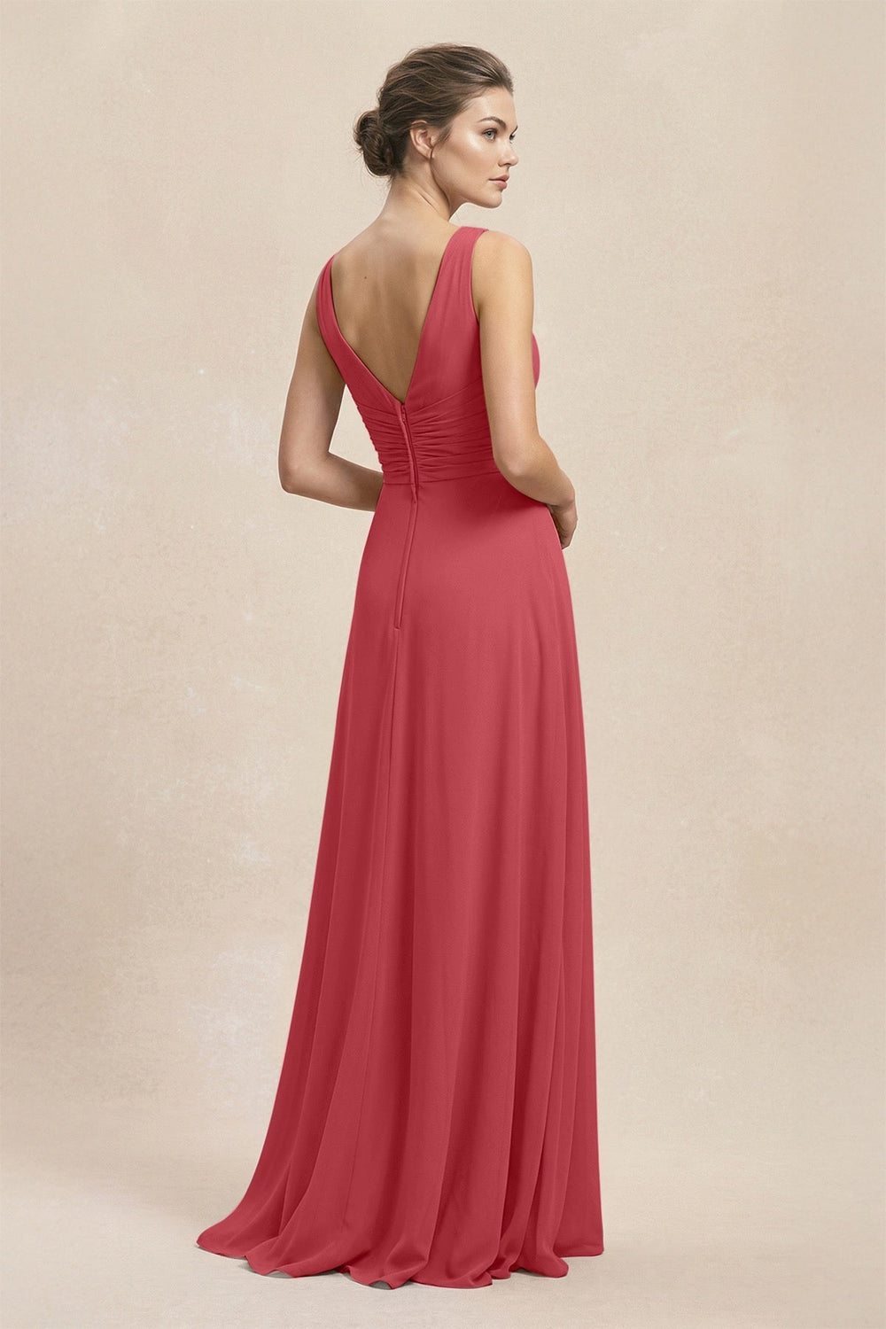 V - Neck Ruffled Ruched Chiffon A - Line Bridesmaid Dress in Merlot - KISS BRIDAL Bridesmaid Dresses