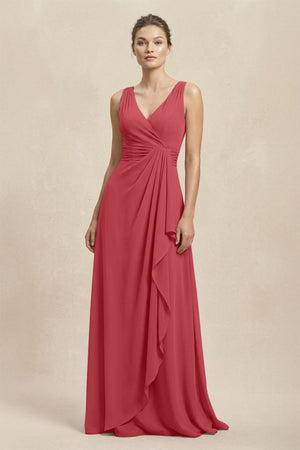 V - Neck Ruffled Ruched Chiffon A - Line Bridesmaid Dress in Merlot - SHE IS ME Bridesmaid Dresses