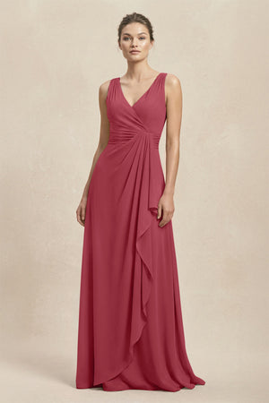 V-Neck Ruffled Ruched Chiffon A-Line Bridesmaid Dress in Merlot | KISSBRIDAL