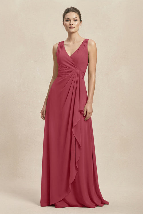 V-Neck Ruffled Ruched Chiffon A-Line Bridesmaid Dress in Merlot | KISSBRIDAL