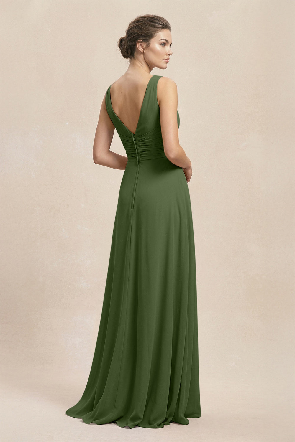 V-Neck Ruffled Ruched Chiffon A-Line Bridesmaid Dress in Moss