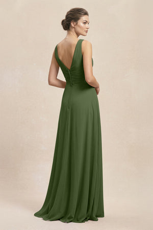 V-Neck Ruffled Ruched Chiffon A-Line Bridesmaid Dress in Moss (2) | KISSBRIDAL