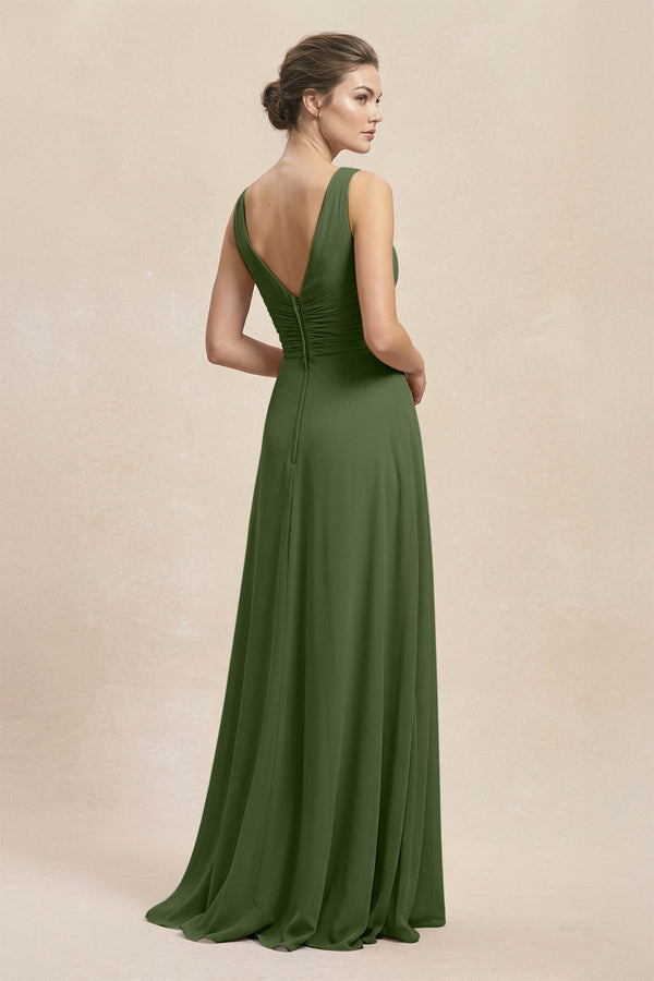 V-Neck Ruffled Ruched Chiffon A-Line Bridesmaid Dress in Moss (2) | KISSBRIDAL