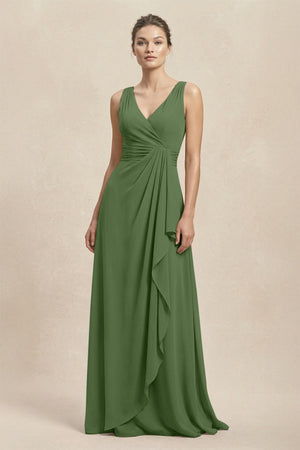 V - Neck Ruffled Ruched Chiffon A - Line Bridesmaid Dress in Moss - SHE IS ME Bridesmaid Dresses