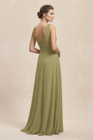 V-Neck Ruffled Ruched Chiffon A-Line Bridesmaid Dress in Moss Green (2) | KISSBRIDAL
