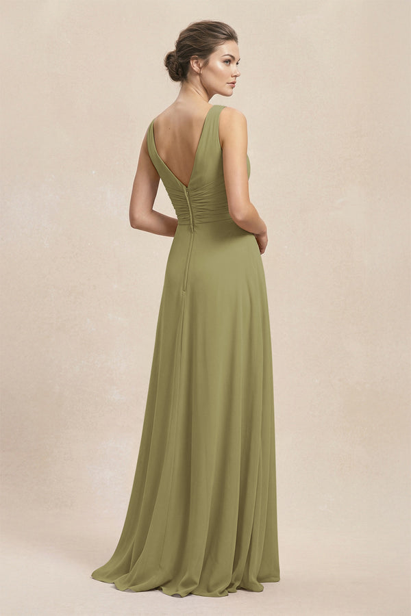 V-Neck Ruffled Ruched Chiffon A-Line Bridesmaid Dress in Moss Green (2) | KISSBRIDAL