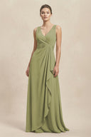 V - Neck Ruffled Ruched Chiffon A - Line Bridesmaid Dress in Moss Green - SHE IS ME Bridesmaid Dresses