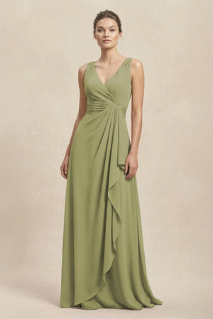 V - Neck Ruffled Ruched Chiffon A - Line Bridesmaid Dress in Moss Green - SHE IS ME Bridesmaid Dresses