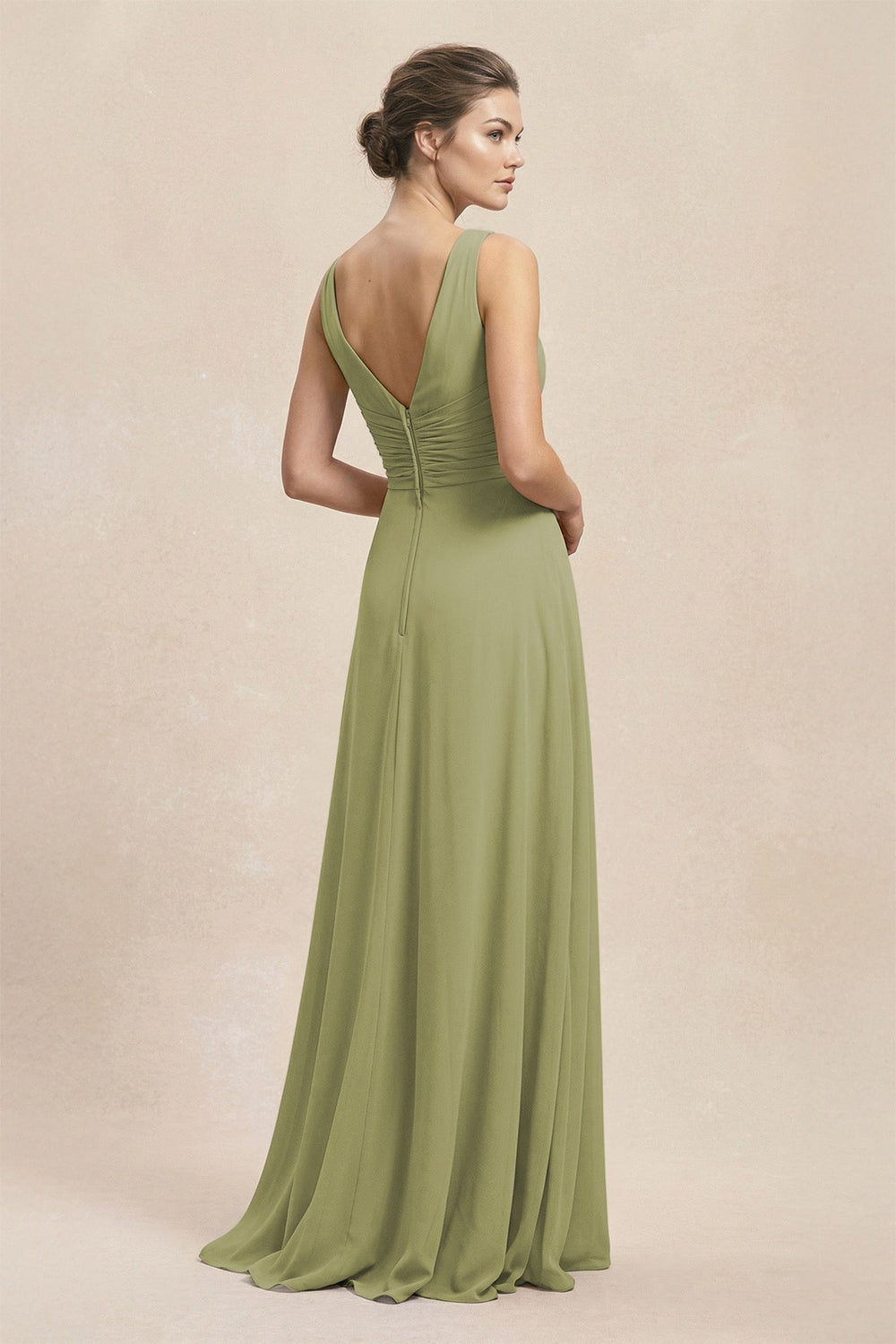 V - Neck Ruffled Ruched Chiffon A - Line Bridesmaid Dress in Moss Green - KISS BRIDAL Bridesmaid Dresses