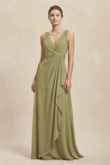 V-Neck Ruffled Ruched Chiffon A-Line Bridesmaid Dress in Moss Green | KISSBRIDAL