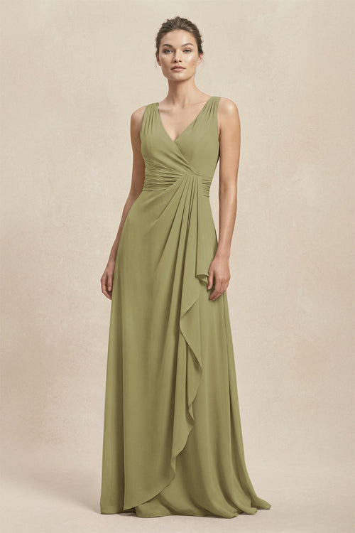 V-Neck Ruffled Ruched Chiffon A-Line Bridesmaid Dress in Moss Green | KISSBRIDAL