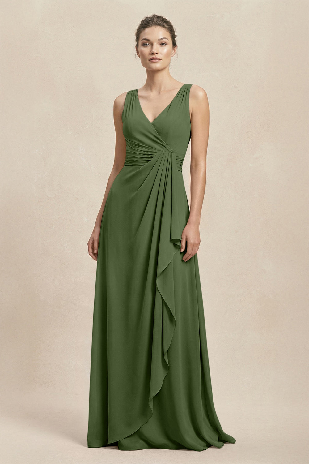 V-Neck Ruffled Ruched Chiffon A-Line Bridesmaid Dress in Moss