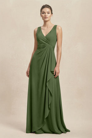 V-Neck Ruffled Ruched Chiffon A-Line Bridesmaid Dress in Moss | KISSBRIDAL