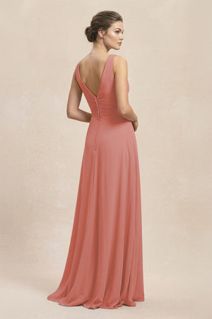 V-Neck Ruffled Ruched Chiffon A-Line Bridesmaid Dress in Mulberry (2) | KISSBRIDAL