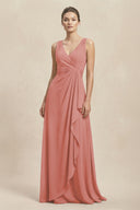 V-Neck Ruffled Ruched Chiffon A-Line Bridesmaid Dress in Mulberry | KISSBRIDAL