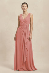 V-Neck Ruffled Ruched Chiffon A-Line Bridesmaid Dress in Mulberry | KISSBRIDAL