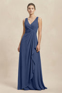 V - Neck Ruffled Ruched Chiffon A - Line Bridesmaid Dress in Navy - SHE IS ME Bridesmaid Dresses