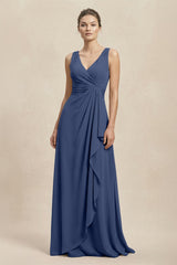 V - Neck Ruffled Ruched Chiffon A - Line Bridesmaid Dress in Navy - KISS BRIDAL Bridesmaid Dresses